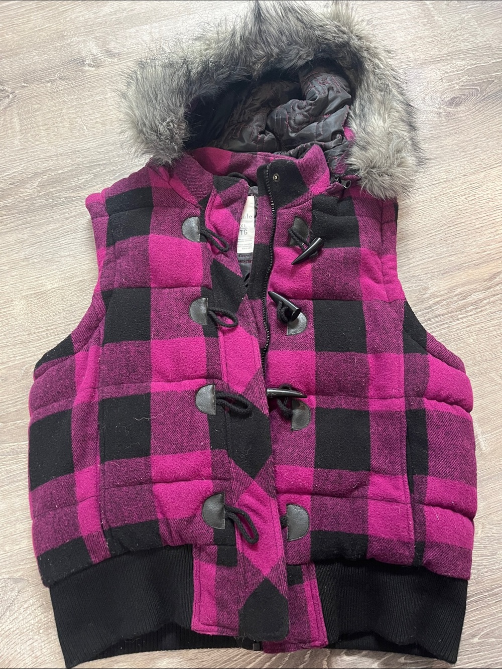Aeropostale Pink and Black Plaid Puffer Vest with Faux Fur Hood